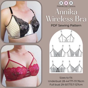 Könnte beinhalten: Das Bild zeigt ein PDF-Schnittmuster für den "Annika Wireless Bra" von Primrose Dawn. Es zeigt zwei BH-Designs: eines mit schwarzer Spitze und gesteppten Einsätzen und ein weiteres aus roter Spitze. Das Muster enthält Größen für Unterbrustumfang 71-111,76 cm und Brustumfang 73,7-127 cm.