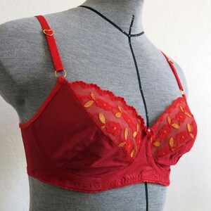 May include: A red bra with gold lace detailing. The bra has adjustable straps with heart-shaped clasps.