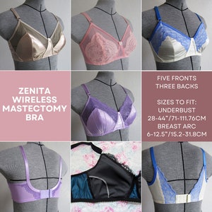 Puede incluir: Un sujetador de mastectomía inalámbrico con cinco estilos de frente diferentes y tres estilos de espalda. El sujetador está disponible en tallas de 71-111,76 cm de contorno de pecho y 15,2-31,8 cm de arco de pecho. El sujetador se muestra en varios colores, incluidos el rosa, el morado y el azul.