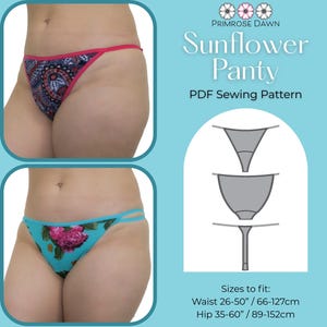 Könnte beinhalten: Das Bild zeigt zwei gemusterte Höschen, eines mit einem blau-roten Paisley-Design und das andere mit einem Blumendruck auf türkisfarbenem Hintergrund. Der Text "Sunflower Panty PDF Sewing Pattern" ist ebenfalls sichtbar, sowie Größenangaben in cm.