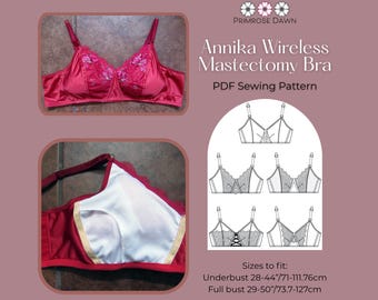 May include: A red Annika wireless mastectomy bra with floral embroidery. The image includes a close-up of the bra's interior and a diagram of different bra styles. The PDF sewing pattern fits underbust sizes 28-44 inches and full bust sizes 29-50 inches.