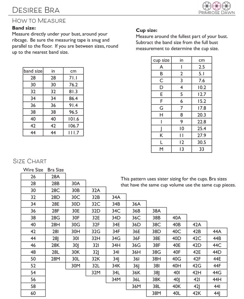 May include: A size chart for bras with wire sizes ranging from 26 to 60 inches and cup sizes from A to M. The chart includes both band and cup sizes in inches and centimeters. The chart also includes a note that the pattern uses sister sizing for the cups, meaning that bras with the same cup volume use the same cup pieces.