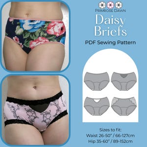 May include: The image showcases two pairs of briefs with different designs. One pair features a floral pattern with blue, pink, and green hues, while the other has a pink background with a black lace trim. The text "Daisy Briefs PDF Sewing Pattern" is also visible.