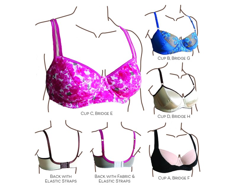 May include: Diagram showing different bra cup sizes and back styles. The bra styles include a floral print bra, a blue lace bra, a satin bra, a black bra, and a bra with elastic straps. The diagram also shows the different cup sizes, A, B, C, and D, and the different back styles, F, G, H, and E.