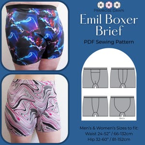 May include: The image showcases a PDF sewing pattern for the "Emil Boxer Brief." It features two pairs of boxer briefs with colorful patterns, one with a blue and purple design and the other with a pink and gray swirl. The pattern includes sizes for waists 24-52 inches and hips 32-60 inches.