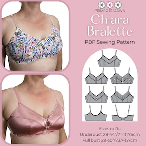 May include: Chiara Bralette PDF Sewing Pattern by Primrose Dawn. Includes two bralette styles: one with a floral print on blue stripes and one in solid pink satin. Features technical line drawings and fits underbust 71-111.76 cm and full bust 73.7-127 cm.