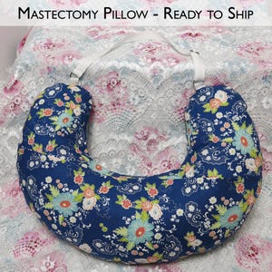 Dark Blue Floral Post-op mastectomy lumpectomy breast cancer surgery pillow with adjustable strap and ice pack pocket