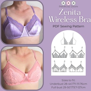 Könnte beinhalten: Bild eines lavendelfarbenen und rosa BHs ohne Bügel. Der lavendelfarbene BH hat Spitzendetails und satinähnlichen Stoff. Der rosa BH hat Spitzendetails und ein transparentes Mesh. Das Bild enthält auch eine Diagramm des BHs.