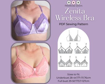 May include: Image of a lavender and pink wireless bra. The lavender bra has lace detailing and satin-like fabric. The pink bra has lace detailing and a sheer mesh. The image also includes a diagram of the bra and text that reads "Zenita Wireless Bra PDF Sewing Pattern".