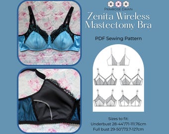 May include: A blue and black Zenita Wireless Mastectomy Bra. The bra has a satin finish with black lace trim. The image also includes a PDF sewing pattern with sizes to fit underbust 28-44 inches and full bust 29-50 inches. The text "PRIMROSE DAWN" is at the top.