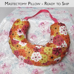 Coral and Yellow Floral Post-op mastectomy lumpectomy breast cancer surgery pillow with adjustable strap and ice pack pocket