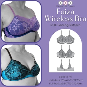 以下が含まれることがあります： 画像は、Primrose Dawnの「Faiza Wireless Bra」のPDF縫製パターンを示しています。 紫とティール色のブラジャーの2つの例があり、花のレースのディテールが施されています。 パターンには、アンダーバスト71〜111.76cm、フルバスト73.7〜127cmのサイズが含まれています。