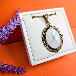 Vintage white flower pendant, bronze brass oval retro jewelry, handmade floral cameo necklace, antique romantic style, boho jewelry