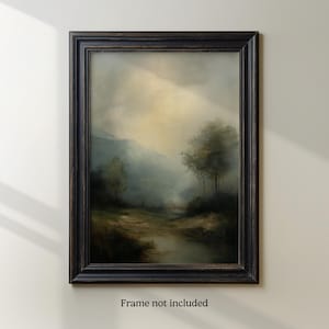 Vintage River Valley Landscape Wall Art | Moody Mountain View | Tranquil Nature Scene | Home Decor Art
