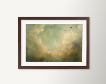 Arte de pared enmarcado con paisaje de cielo vintage / Pintura de paisaje de nubes serenas / Decoración del hogar / Obra de arte inspirada en la naturaleza