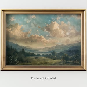 Dipinto di paesaggio nuvoloso tranquillo / Arte di paesaggio montano sereno / Cielo vintage ispirato alla natura / Decorazione murale per la casa