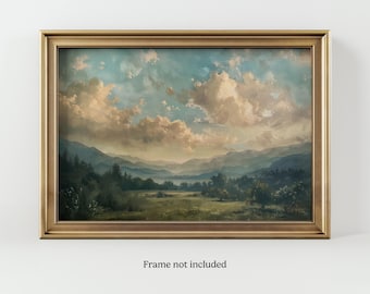 Tranquil Cloudscape Painting | Serene Mountain Landscape Art | Nature-Inspired Vintage Sky | Home Decor Wall Art