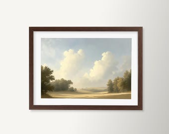 Vintage Landscape Framed Art: Serene Meadow & Sky Scene