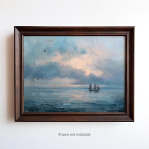 Stampa murale con paesaggio marino in barca a vela d'epoca / Tramonto sull'oceano costiero / Stampa per la casa con spiaggia serena / Decorazione per la casa