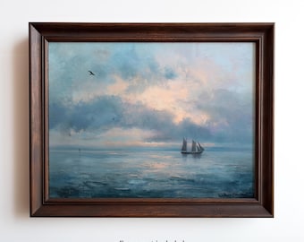 May include: A framed seascape painting with a dark brown wooden frame. The artwork depicts a sailboat on the ocean under a cloudy sky with shades of blue, pink, and white. A bird flies in the sky. The text "Frame not included" is at the bottom.