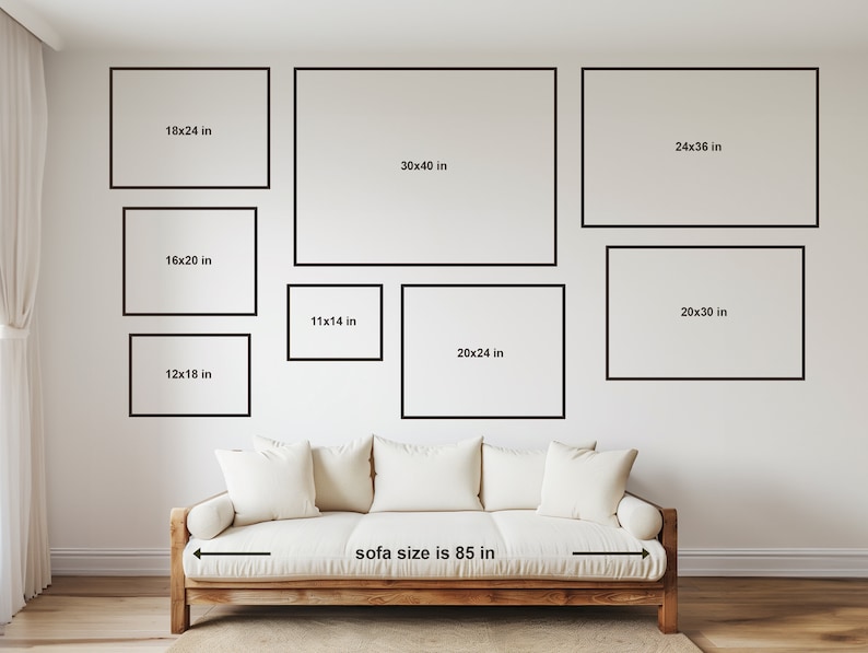 Size chart showing various dimensions of framed art prints above a white sofa, helping visualize the scale of different print sizes. Sofa size is 85 inches.