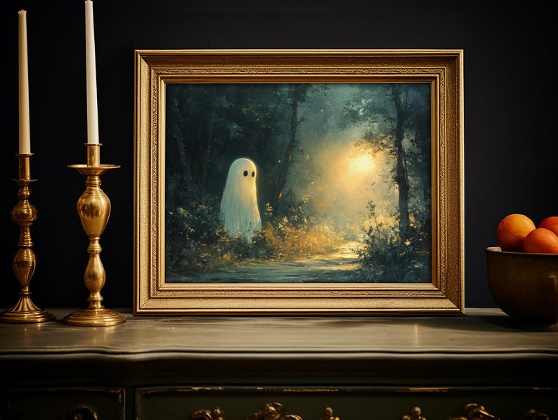 Vintage Halloween-konsttryck: Spöklik skogsscen bild 2