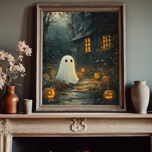 May include: A framed painting of a white ghost with two black eyes standing in a forest with a small house in the background. There are glowing jack-o-lanterns scattered throughout the forest.