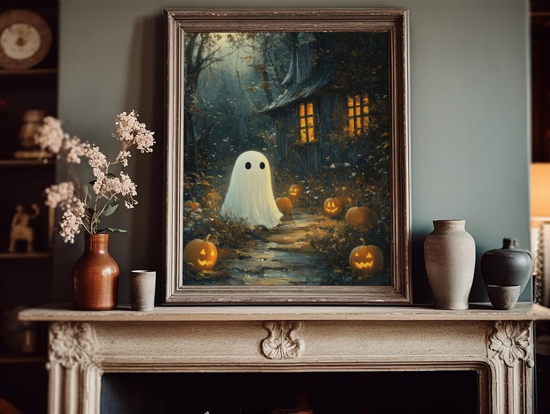 May include: A framed painting of a white ghost with two black eyes standing in a forest with a small house in the background. There are glowing jack-o-lanterns scattered throughout the forest.