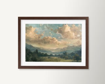 Framed Mountain Landscape Art Print: Vintage Cloudscape Wall Decor