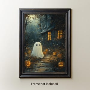 May include: A painting of a white ghost standing in front of a small cottage with lit windows. The cottage is surrounded by trees and pumpkins. The scene is set in a dark forest at night.