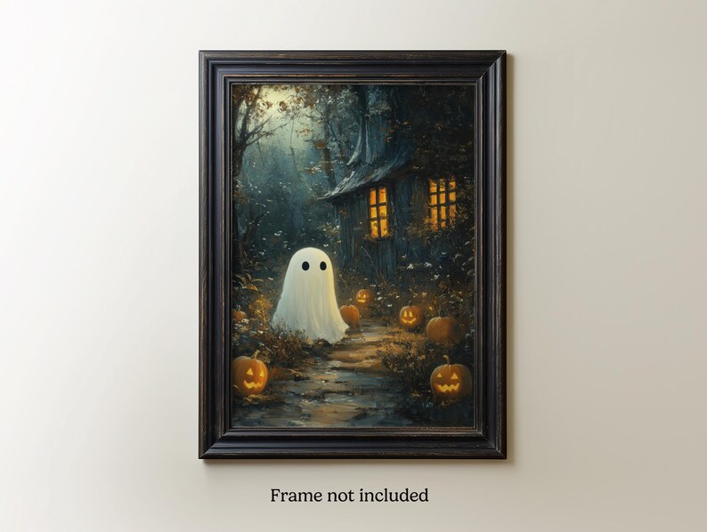 May include: A painting of a white ghost standing in front of a small cottage with lit windows. The cottage is surrounded by trees and pumpkins. The scene is set in a dark forest at night.