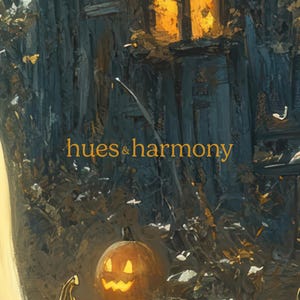 May include: A white ghost with a black eye stands next to a carved orange pumpkin with a lit face. The background is a dark, textured, and abstract painting with the text "hues & harmony" in yellow.