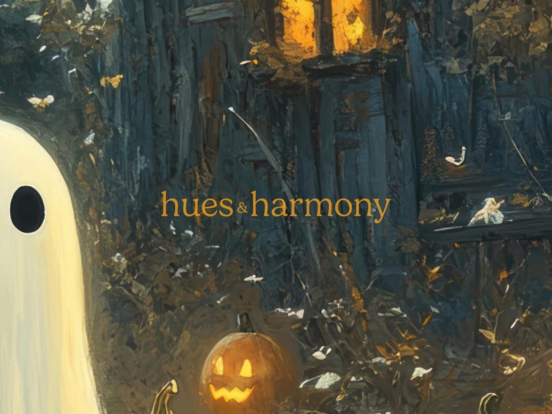 May include: A white ghost with a black eye stands next to a carved orange pumpkin with a lit face. The background is a dark, textured, and abstract painting with the text "hues & harmony" in yellow.