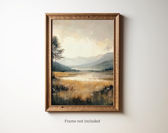 Arte mural con paisaje sereno de montaña / Prado vintage / Escena natural tranquila / Decoración del hogar