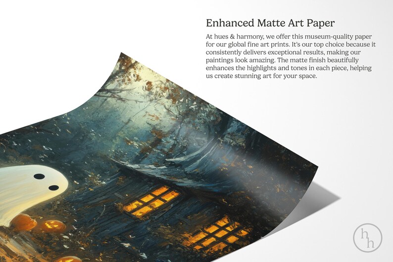 May include: A digital illustration of a spooky Halloween scene with a white ghost, a dark wooden house with glowing windows, and pumpkins in the foreground. The scene is set in a dark forest with trees and fog.