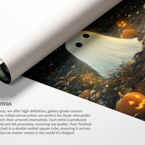 May include: A white ghost with two black eyes floats in front of a dark forest scene with glowing jack-o'-lanterns. The image is a rolled canvas print.