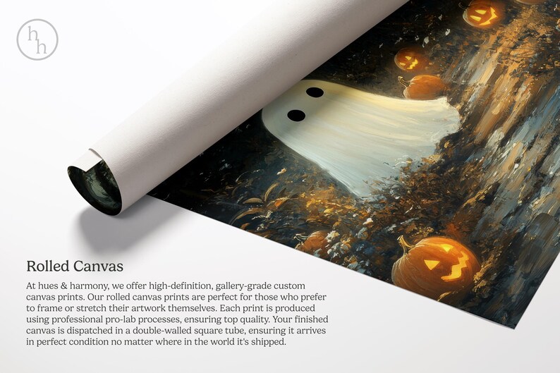 May include: A white ghost with two black eyes floats in front of a dark forest scene with glowing jack-o'-lanterns. The image is a rolled canvas print.