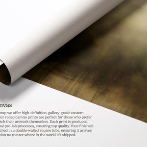May include: Rolled canvas print with a brown and white abstract design. The canvas is rolled up and the edges are visible. The text "Rolled Canvas" is printed at the top of the image.