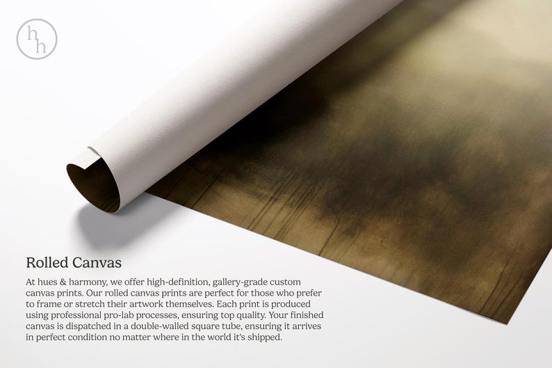 May include: Rolled canvas print with a brown and white abstract design. The canvas is rolled up and the edges are visible. The text "Rolled Canvas" is printed at the top of the image.