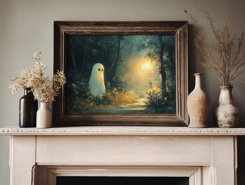 Vintage Halloween-konsttryck: Spöklik skogsscen bild 3
