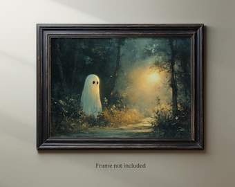 Vintage Halloween Ghost Art Print: Spooky Forest Scene
