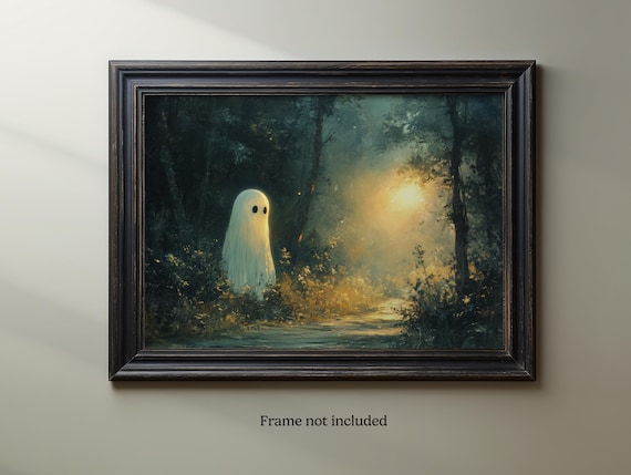 Vintage Halloween Ghost Art Print: Spooky Forest Scene