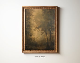 May include: A framed painting of a forest scene with a path leading into the woods. The painting is in a dark brown frame and the colors are muted greens and browns.