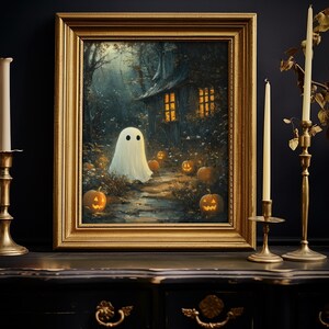 May include: A framed painting of a white ghost standing in a dark forest with a small house in the background. The forest is lit by glowing jack-o'-lanterns.