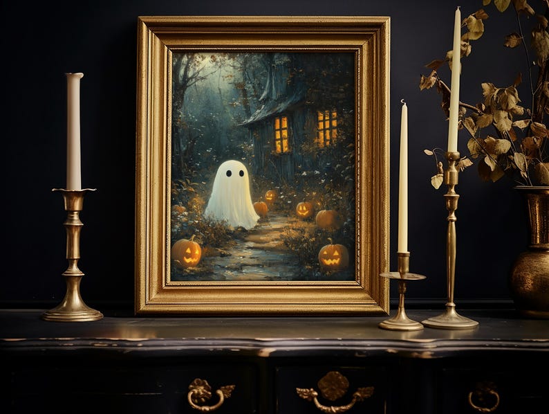 May include: A framed painting of a white ghost standing in a dark forest with a small house in the background. The forest is lit by glowing jack-o'-lanterns.