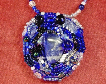 Sodalite Stone Bead Embroidered Blue and White Necklace Handcrafted