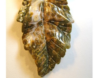 Autumn Theme Carved Stone Agate Leaf Pendant with Jasper Chips Necklace OOAK Brown Black Earthtones