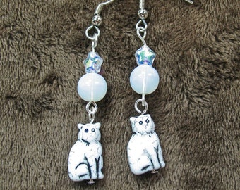 Moonlight on White Cats Dangle Earrings