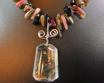 Quartz Pentant with Mineral Inclusions, Silver Wire Multicolored Stone Chips Necklace