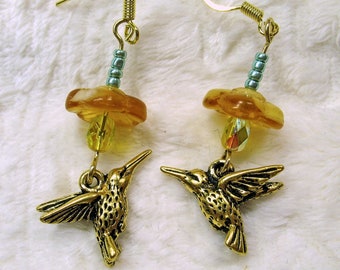 Brass Hummingbirds Dangle Beneath Yellow Glass Flowers Handcrafted Earrings